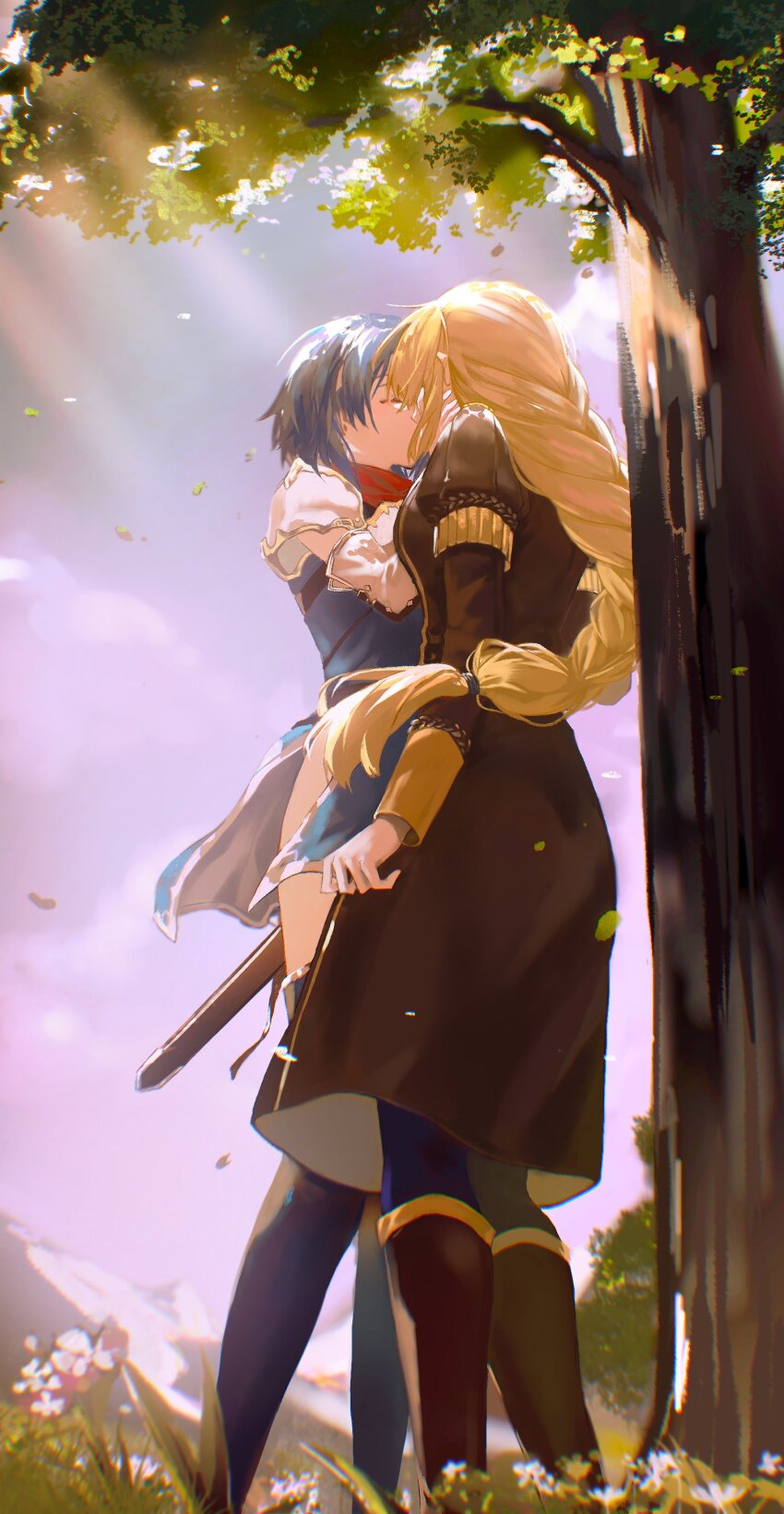 2girls absurdres armor black_footwear blonde_hair blue_footwear blue_hair braid breastplate catria_(fire_emblem) cloud commentary english_commentary falling_leaves fingerless_gloves fire_emblem fire_emblem:_mystery_of_the_emblem fire_emblem:_three_houses fire_emblem_heroes flower from_behind from_below gloves hair_tie hands_on_another&#039;s_face highres ingrid_brandl_galatea kiss leaf multiple_girls nintendo pauldrons scabbard second-party_source sheath sheathed shoulder_armor sky sword tree under_tree weapon ye_(pixiv4862539) yuri