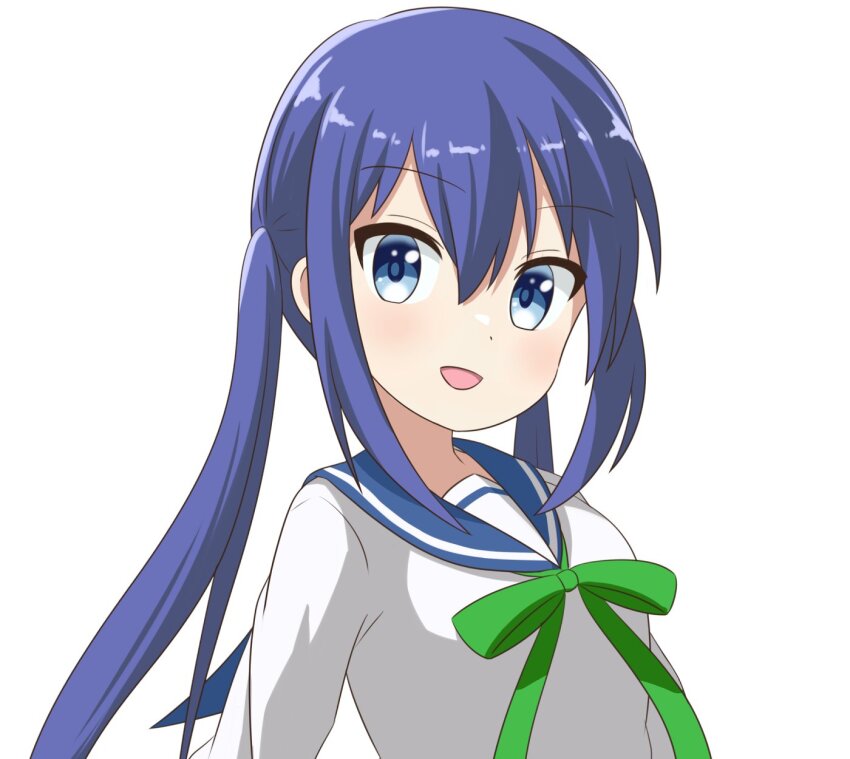 1girl blue_eyes blue_hair blue_sailor_collar dot_nose feet_out_of_frame female_focus hair_between_eyes highres koisuru_asteroid long_hair long_sleeves looking_at_viewer manaka_ao nanog_eb1994 open_mouth sailor_collar school_uniform serafuku shirt simple_background solo standing tongue twintails upper_body white_background