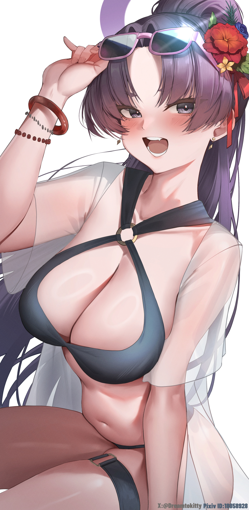 1girl absurdres adjusting_eyewear bikini black_bikini blue_archive blue_flower blush breasts cleavage dreamtokitty eyewear_on_head flower hair_flower hair_ornament highres large_breasts long_hair looking_at_viewer navel official_alternate_costume official_alternate_hairstyle open_clothes open_mouth open_shirt parted_lips ponytail purple-framed_eyewear purple_eyes purple_hair red_flower see-through_clothes see-through_shirt shirt solo stomach sunglasses swimsuit thigh_strap yukari_(blue_archive) yukari_(swimsuit)_(blue_archive)