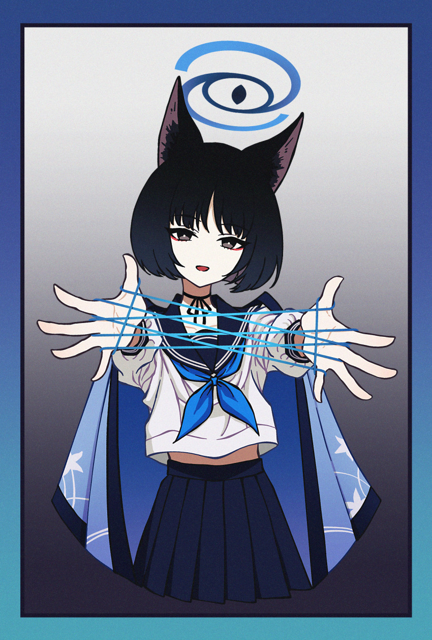 1girl :d animal_ears black_eyes black_hair black_ribbon blue_archive blue_border blue_neckerchief blue_sailor_collar blue_skirt blue_string border cat&#039;s_cradle cat_ears cat_girl choker collarbone cropped_torso eyeliner gradient_border halo head_tilt highres holding holding_string inset_border kikyou_(blue_archive) long_sleeves looking_at_viewer makeup neckerchief nkymyura open_hands open_mouth outstretched_arms pleated_skirt reaching reaching_towards_viewer red_eyeliner ribbon ribbon_choker sailor_collar school_uniform serafuku shirt shirt_overhang skirt sleeve_cuffs smile solo string white_shirt wispy_bangs