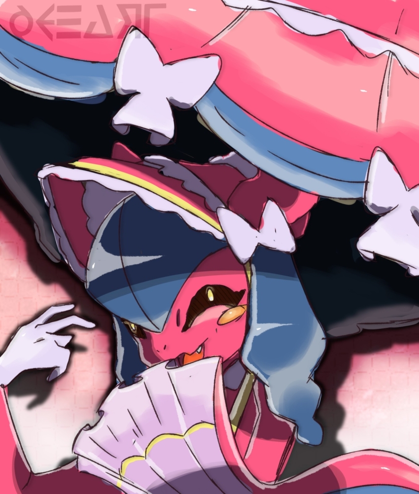 black_sclera blue_hair colored_sclera daydreamofe digimon digimon_(creature) hat highres horns lamia lamiamon long_hair monster_girl ribbon yellow_eyes