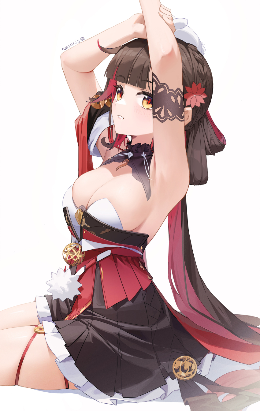 1girl absurdres animal animal_on_head arms_up artist_name black_collar black_skirt blunt_bangs breasts brown_hair cleavage collar cowboy_shot dated detached_collar fled frilled_skirt frills hair_ornament hand_on_own_arm highres honkai_(series) honkai_impact_3rd large_breasts li_sushang li_sushang_(auspicious_dazzle) li_sushang_(jade_knight) long_hair looking_at_viewer medium_breasts multicolored_hair official_alternate_costume on_head orange_eyes orb parted_lips rabbit rabbit_on_head red_hair sideboob simple_background sitting skirt solo strapless two-tone_hair white_background