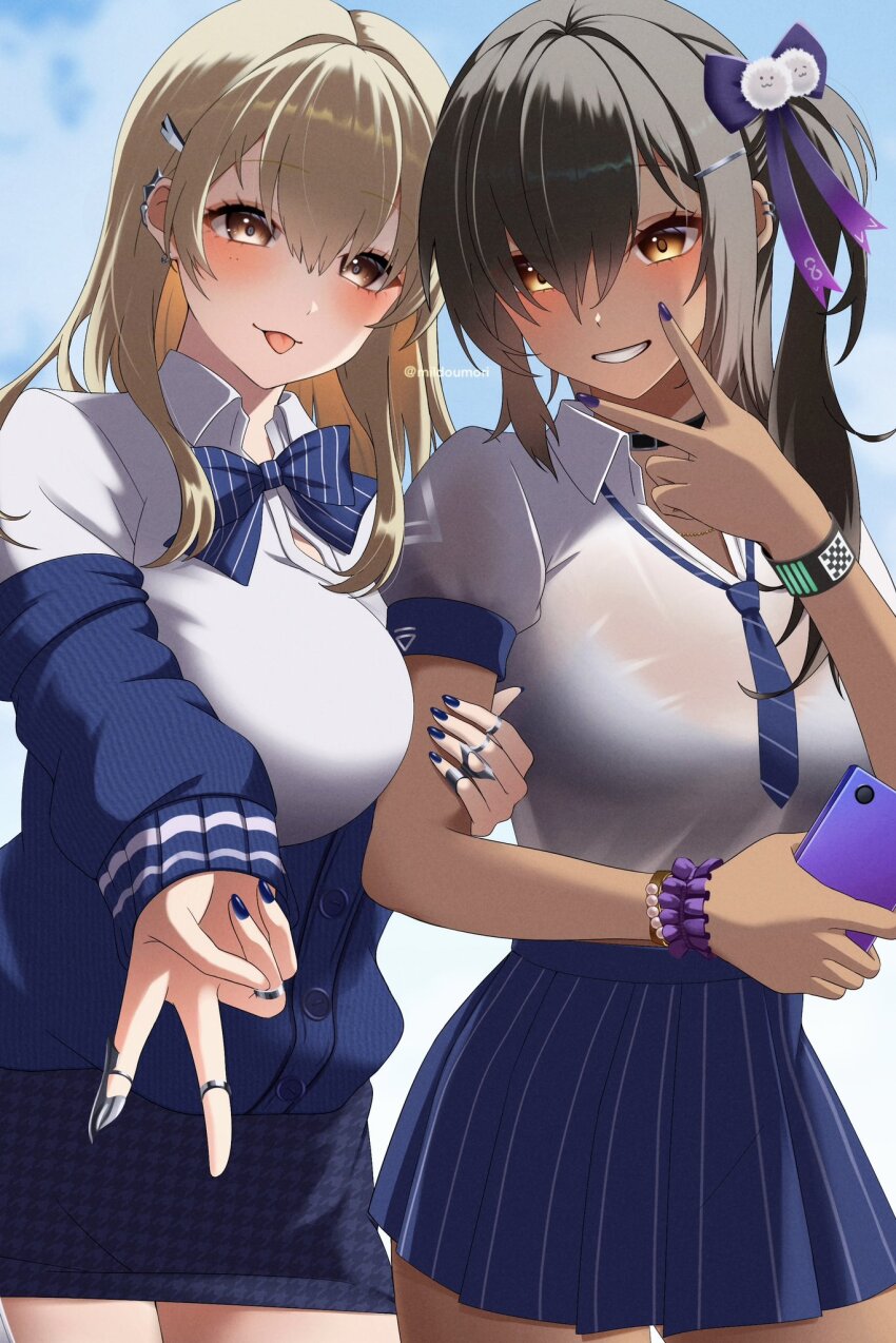 2girls :p bead_bracelet beads belt_pouch black_bra blonde_hair blue_bow blue_bowtie blue_jacket blue_nails blue_necktie blue_skirt blush bow bowtie bra bra_visible_through_clothes bracelet breasts brown_eyes brown_hair cellphone claw_ring collared_shirt cropped_shirt dark-skinned_female dark_skin ear_piercing goddess_of_victory:_nikke grin hair_ornament hair_over_one_eye highres holding holding_phone jacket jewelry large_breasts long_hair looking_at_viewer loose_necktie milmil7 multiple_girls multiple_rings naga_(nikke) nail_polish necktie off-shoulder_jacket off_shoulder pencil_skirt phone piercing pleated_skirt pouch puffy_sleeves purple_nails ring scrunchie shirt short_sleeves side_ponytail skirt sleeves_past_wrists smartphone smile strap striped_necktie tia_(nikke) tongue tongue_out underwear v v_over_mouth white_shirt wrist_scrunchie