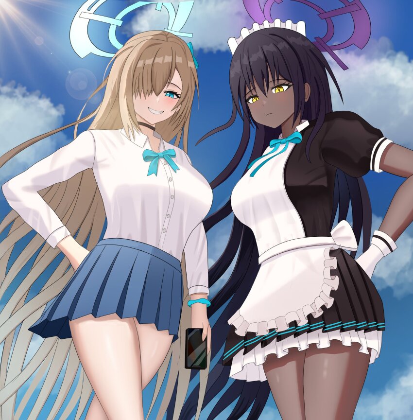 2girls apron asuna_(blue_archive) blue_archive blue_bow blue_bowtie blue_sky bow bowtie dark_skin highres karin_(blue_archive) multiple_girls pleated_skirt shirt skirt sky white_shirt yissou_art