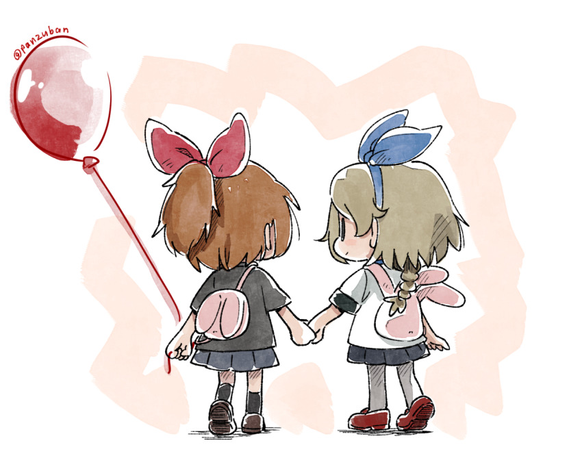 2girls bag balloon blue_ribbon chibi hair_ribbon haru_(yomawari) holding holding_balloon holding_hands multiple_girls panzuban pleated_skirt ponytail red_ribbon ribbon shin_yomawari shirt shoulder_bag simple_background skirt white_shirt yomawari_(series) yui_(yomawari)
