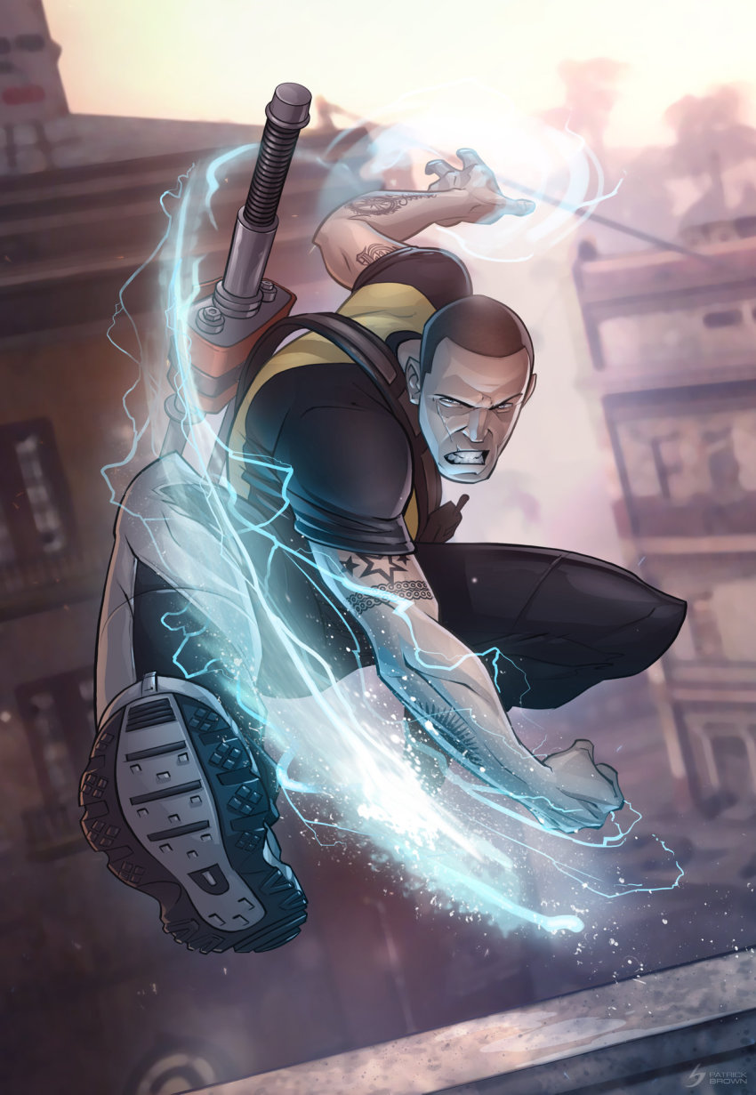 1boy black_hair cole_macgrath electricity highres infamous male_focus manly patrick_brown scar solo tattoo weapon weapon_on_back