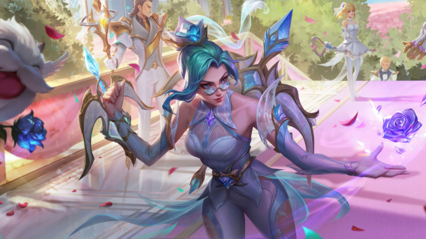 absurdres blue_flower blue_rose crystal_rose_ezreal crystal_rose_jarvan_iv crystal_rose_lux crystal_rose_vayne ezreal flower glasses green_hair highres jarvan_iv_(league_of_legends) league_of_legends league_of_legends:_wild_rift lux_(league_of_legends) official_art poro_(league_of_legends) rose third-party_source vayne_(league_of_legends)