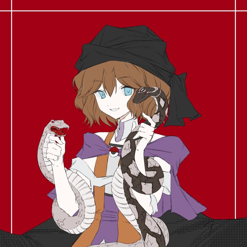 1other androgynous animal black_cape black_turban blue_eyes brown_hair cape cine_hamal colored_skin commentary gas_wf grey_shirt hair_between_eyes highres holding holding_animal holding_snake kuzu_suzumi len&#039;en open_clothes open_vest orange_vest other_focus red_background shirt short_hair simple_background smile snake solo strapless strapless_shirt turban upper_body vest white_skin