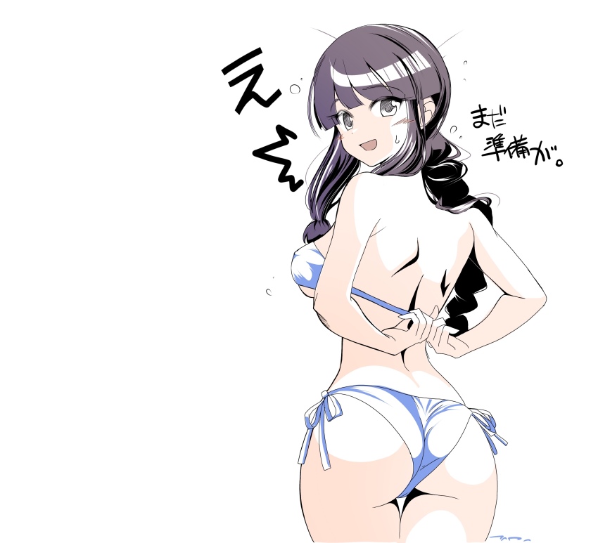 1girl absurdres ass bikini black_eyes black_hair blue_bikini blunt_bangs braid breasts commentary_request cowboy_shot from_behind hair_ribbon highres kantai_collection kitakami_(kancolle) long_hair looking_at_viewer looking_back medium_breasts negative_space ribbon side-tie_bikini_bottom simple_background single_braid solo swimsuit tada_(tactical_tada) translation_request tress_ribbon tying white_background