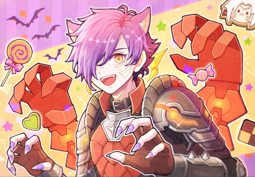 1boy animal_ears armor arval_(fire_emblem) candy cookie fire_emblem fire_emblem:_three_houses fire_emblem_warriors:_three_hopes food halloween halloween_costume kuhaha lollipop male_shez_(fire_emblem) messy_hair nintendo non-web_source orange_eyes purple_hair purple_nails solo werewolf_costume wolf_ears