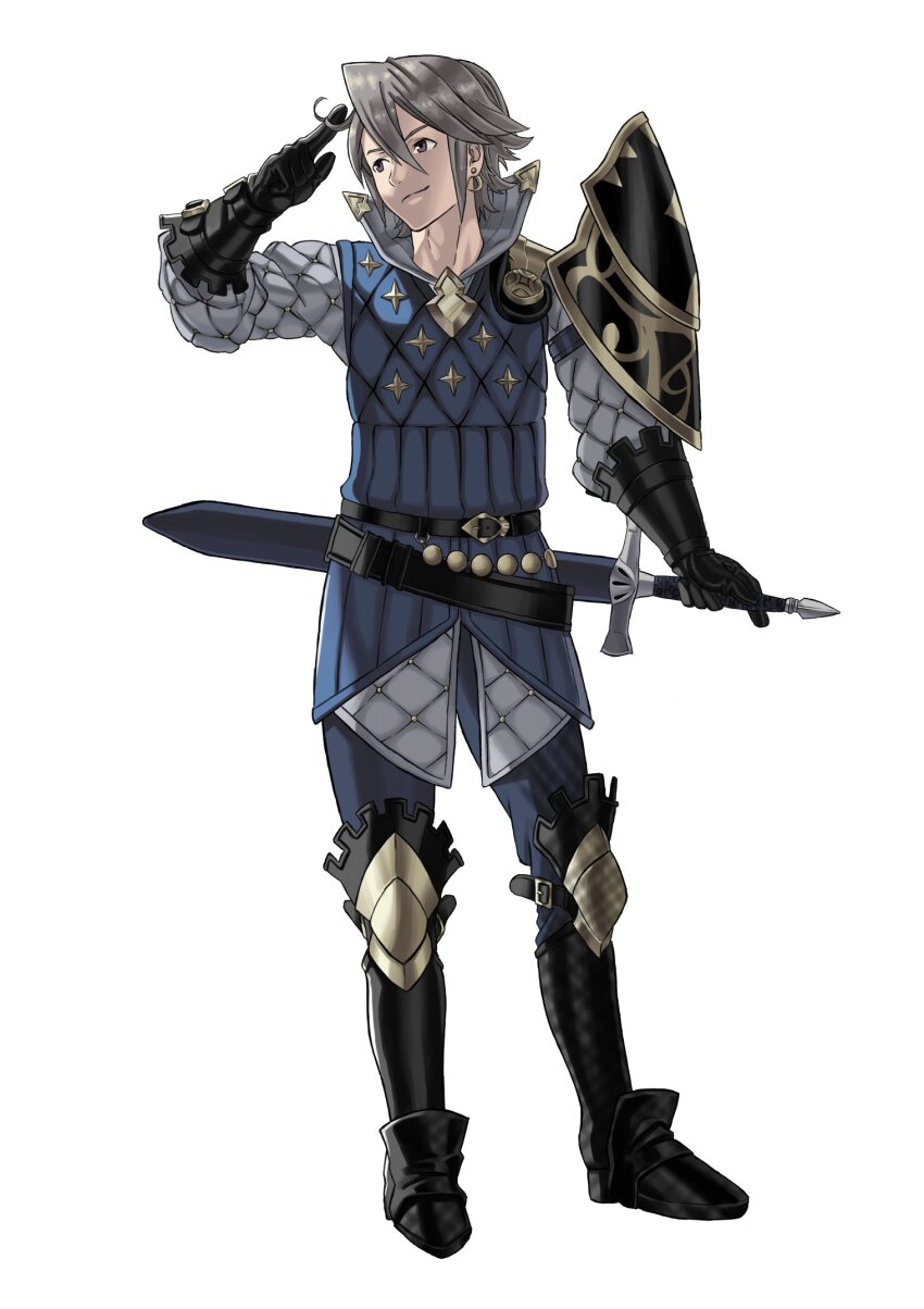 1boy black_footwear black_gloves fire_emblem fire_emblem_fates full_body gambeson gloves grey_hair highres holding holding_sword holding_weapon kozaki_yuusuke_(style) laslow_(fire_emblem) nintendo peacefulandflat shield smile sword weapon
