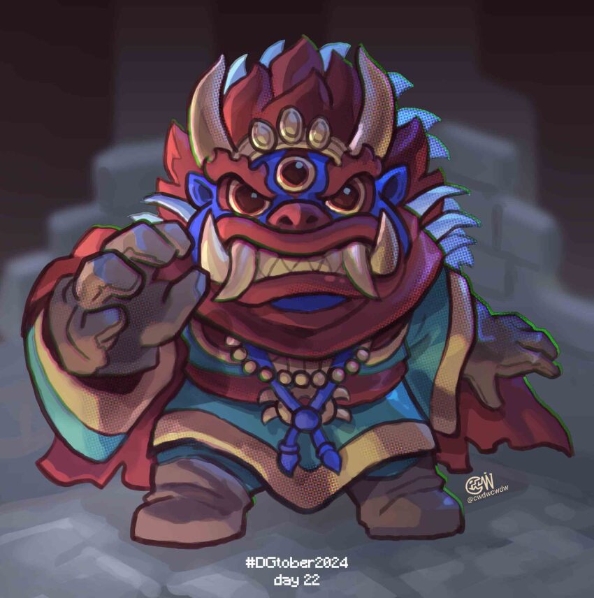 absurdres baromon blue_skin brown_gloves chibi colored_skin cwdw digimon digimon_(creature) fangs full_body gloves highres sharp_teeth solo teeth