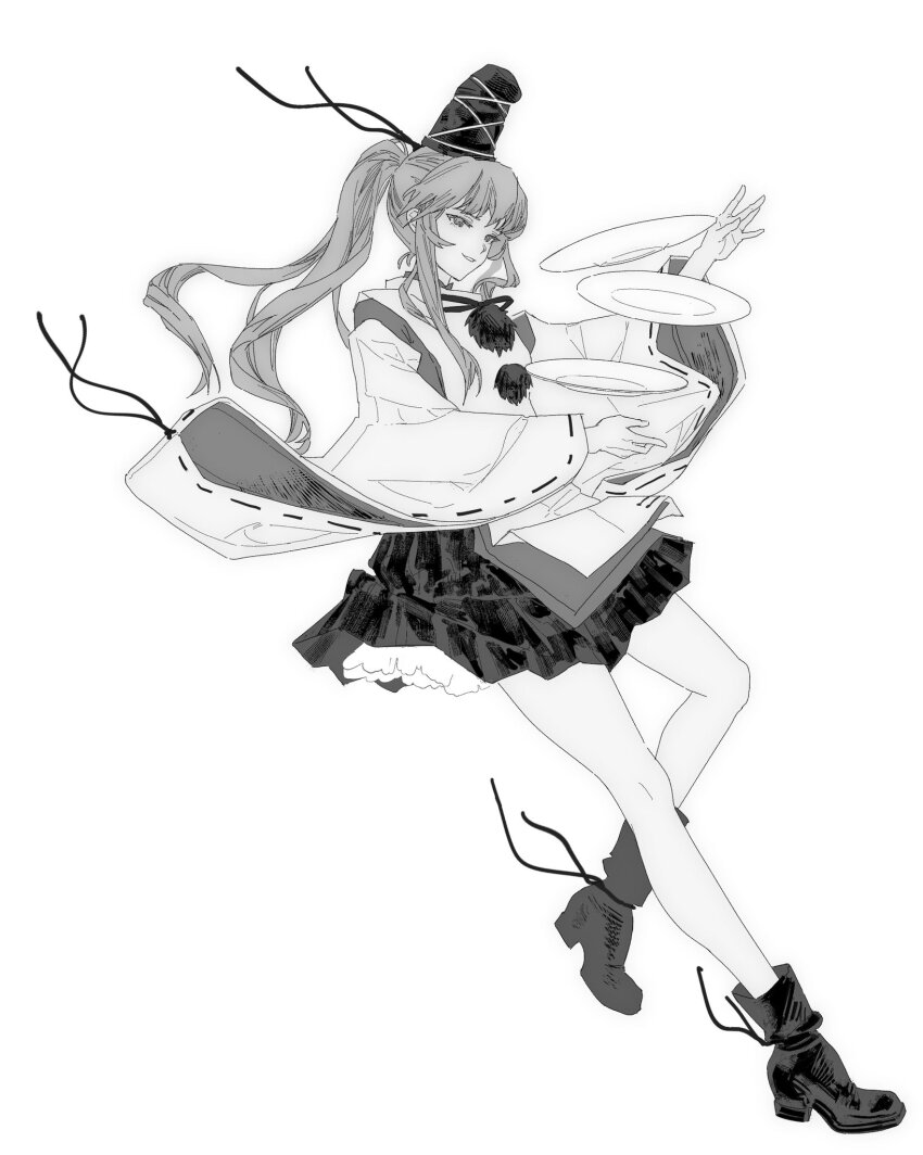 1girl ankle_socks bare_legs blunt_bangs boots detached_sleeves eyelashes footwear_ribbon full_body greyscale happy hashtag-only_commentary hat hat_ribbon high_heel_boots high_heels highres japanese_clothes kariginu knees layered_sleeves leg_up long_hair long_sleeves looking_at_viewer loose_socks miniskirt monochrome mononobe_no_futo neck_ribbon object_floating_above_hand parted_lips petticoat plate pleated_skirt pom_pom_(clothes) ponytail ribbon ribbon-trimmed_sleeves ribbon_trim sidelocks simple_background skirt sleeve_ribbon smile socks solo standing tansuyuli tate_eboshi touhou turtleneck white_background wide_sleeves