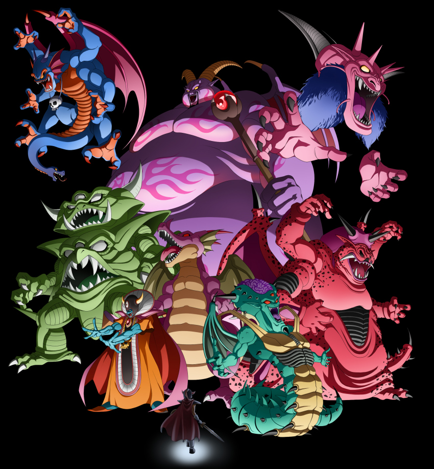6+boys absurdres armor bat_wings black_background black_sclera blue_skin brain cape colored_sclera colored_skin commentary_request death_pisaro disembodied_hand dragon dragon_lord dragon_quest dragon_quest_i dragon_quest_ii dragon_quest_iii dragon_quest_iv dragon_quest_v dragon_quest_vi dragon_quest_vii dragon_quest_viii erdrick&#039;s_sword exposed_brain extra_arms facial_hair fake_horns fingernails fins floating_head head_fins helmet hero_(dq1) highres holding holding_staff holding_sword holding_weapon horned_helmet horns jewelry kamakiri mildrath monster monster_focus mortamor multiple_boys necklace no_humans no_pupils open_mouth orange_robe orgo_demira pink_cape pointy_ears red_cape red_sclera rhapthorne robe sharp_fingernails sharp_teeth sidoh skull_necklace snake_tail spikes staff sword tail teeth third_eye tongue tongue_out weapon wings yellow_sclera zoma