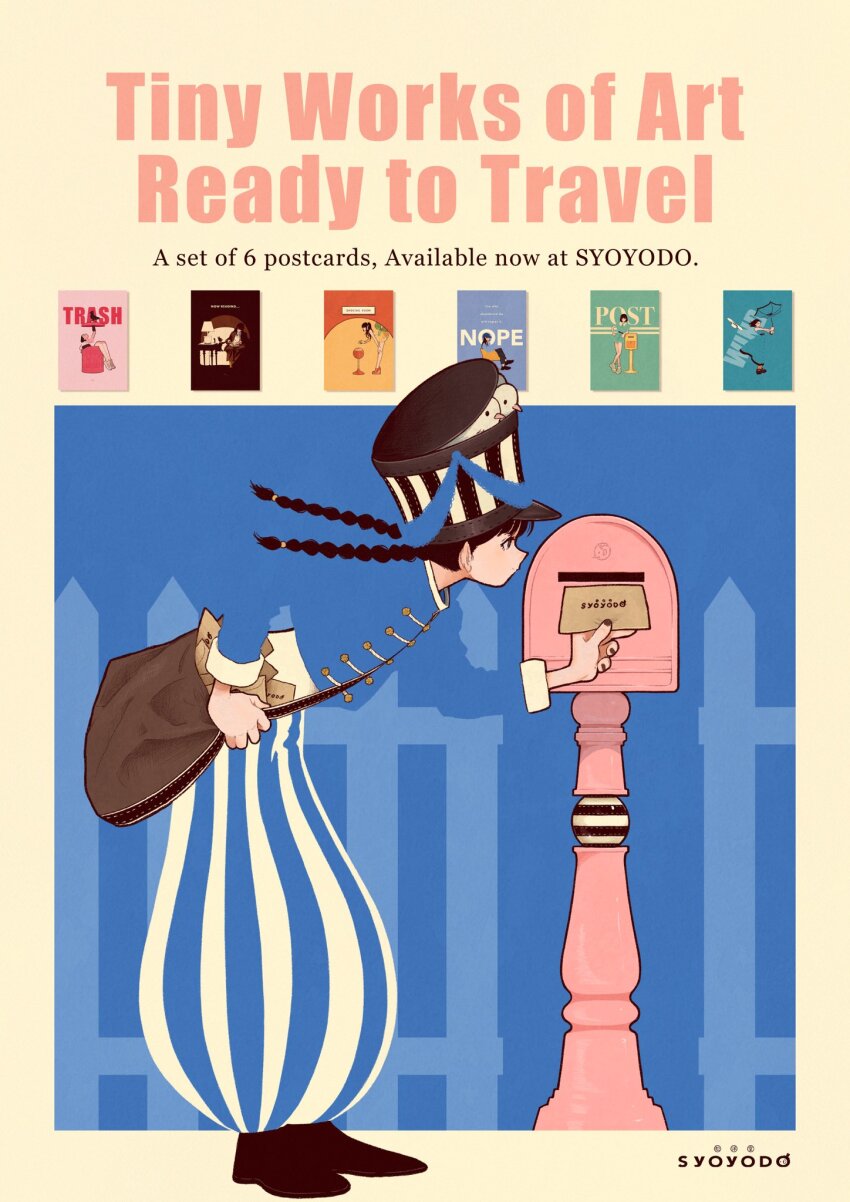 1girl ad artist_name baggy_pants bird black_hair black_nails black_shoes blending blue_background braid english_text hat highres leaning_forward long_sleeves mail mailbag mailbox_(incoming_mail) original pants profile shoes solo striped_clothes striped_hat striped_pants syooooyoooo twin_braids twintails