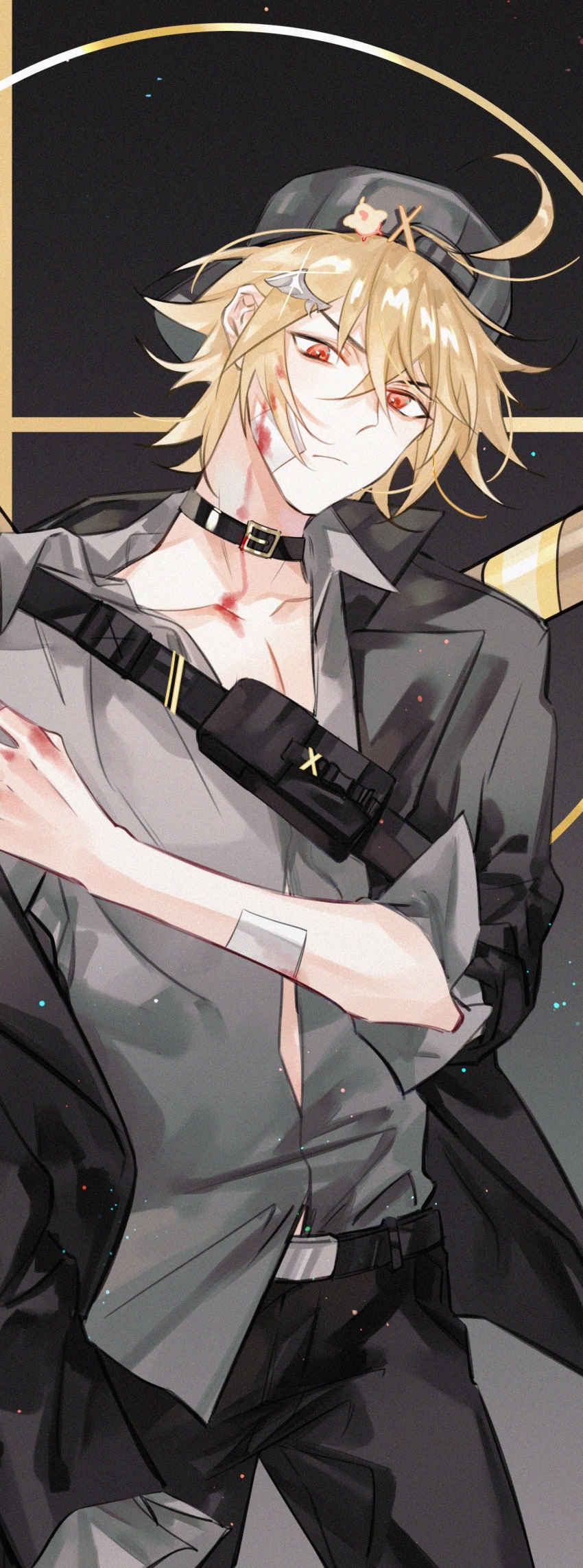&gt;:( 1boy absurdres ahoge alternate_costume azha8 backwards_hat bandaged_fingers bandages baseball_bat baseball_cap belt belt_buckle belt_collar black_background black_belt black_collar black_hat black_jacket black_pants blonde_hair blood blood_on_face blood_on_hands buckle closed_mouth collar collarbone collared_shirt cowboy_shot fanny_pack fuli_chicken_(the_tale_of_food) gauze gauze_on_arm gauze_on_cheek grey_shirt hair_between_eyes hair_ornament hairclip hand_on_own_shoulder hat hat_pin highres jacket lapels long_sleeves looking_at_viewer male_focus notched_lapels open_clothes open_collar open_jacket pants red_eyes shirt shirt_partially_tucked_in short_hair single_off_shoulder sleeve_rolled_up solo standing suit_jacket the_tale_of_food v-shaped_eyebrows weapon weapon_on_back wing_hair_ornament