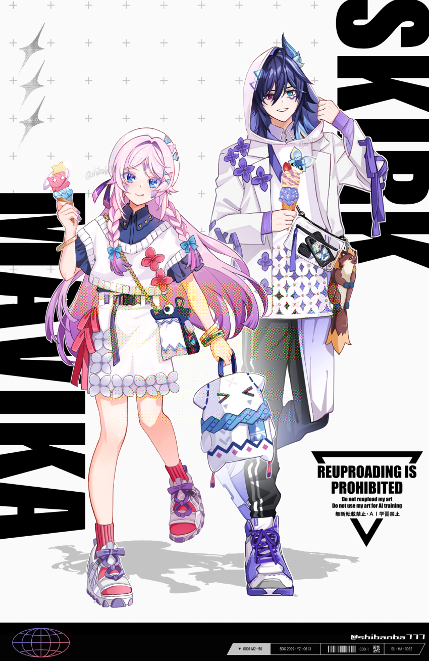 1boy 1girl adjusting_hood alternate_costume bag black_pants blazer blue_bow blue_eyes bow braid citlali_(genshin_impact) citlalin_(genshin_impact) closed_mouth commentary_request facial_mark food full_body genshin_impact hair_bow hand_up heterochromia highres holding holding_bag holding_food holding_ice_cream holding_ice_cream_cone hood hood_up hoodie ice_cream ice_cream_cone iktomisaurus_(genshin_impact) itzpapa_(genshin_impact) jacket lapels long_hair long_sleeves looking_at_object notched_lapels ororon_(genshin_impact) pants parted_lips pink_hair pink_pupils red_eyes red_socks sandals shiba_(tonari_no_shiba_inu) shirt shoes short_sleeves skirt smile sneakers socks tongue tongue_out triangle triangle_facial_mark twin_braids typo white_hoodie white_shirt white_shoes white_skirt zoom_layer