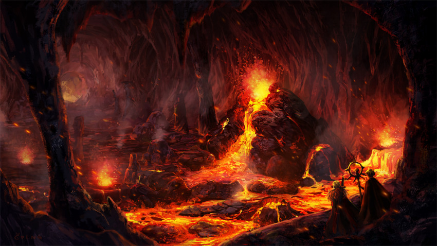 2boys artist_request brown_cape cape cave cave_interior fur_collar genetic_(ragnarok_online) highres holding holding_staff in-universe_location lava multiple_boys official_art ragnarok_online scenery shadow_chaser_(ragnarok_online) staff stalactite stalagmite