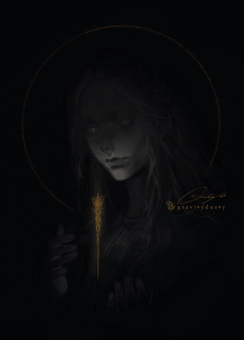 1boy armor artist_logo artist_name black_background black_theme blonde_hair braid dark_background elden_ring glowing glowing_eye glowing_jewelry gold_needle gravitydusty halo highres holding logo long_hair looking_at_viewer miquella_(elden_ring) needle pale_eye signature tunic white_tunic yellow_eyes