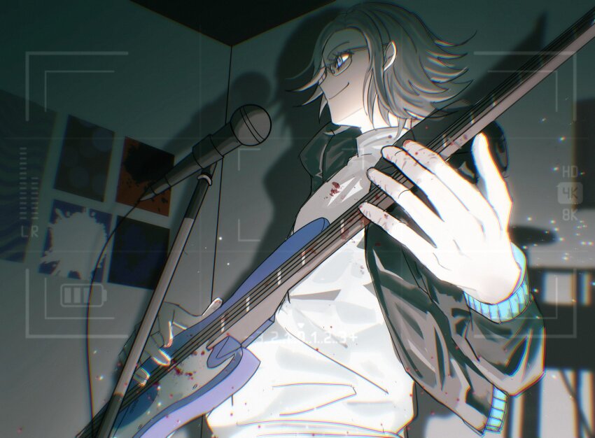 1boy aotsuki_eito black_jacket blood blue_eyes from_side glasses grey_hair guitar highres holding holding_guitar holding_instrument indoors instrument jacket male_focus microphone microphone_stand music official_alternate_costume playing_instrument recording shirt short_hair smile solo susushu666 the_hundred_line_-last_defense_academy- tower_records upper_body white_shirt
