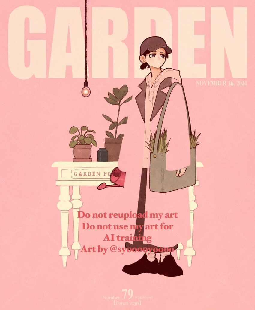 1girl bag black_hair black_shoes blending brown_hat coat dated drawstring english_text grass grey_bag hat highres hood hood_down leaf light_bulb original pink_background pink_coat pink_socks plant potted_plant shoes short_hair shoulder_bag sleeves_past_wrists socks solo standing syooooyoooo table
