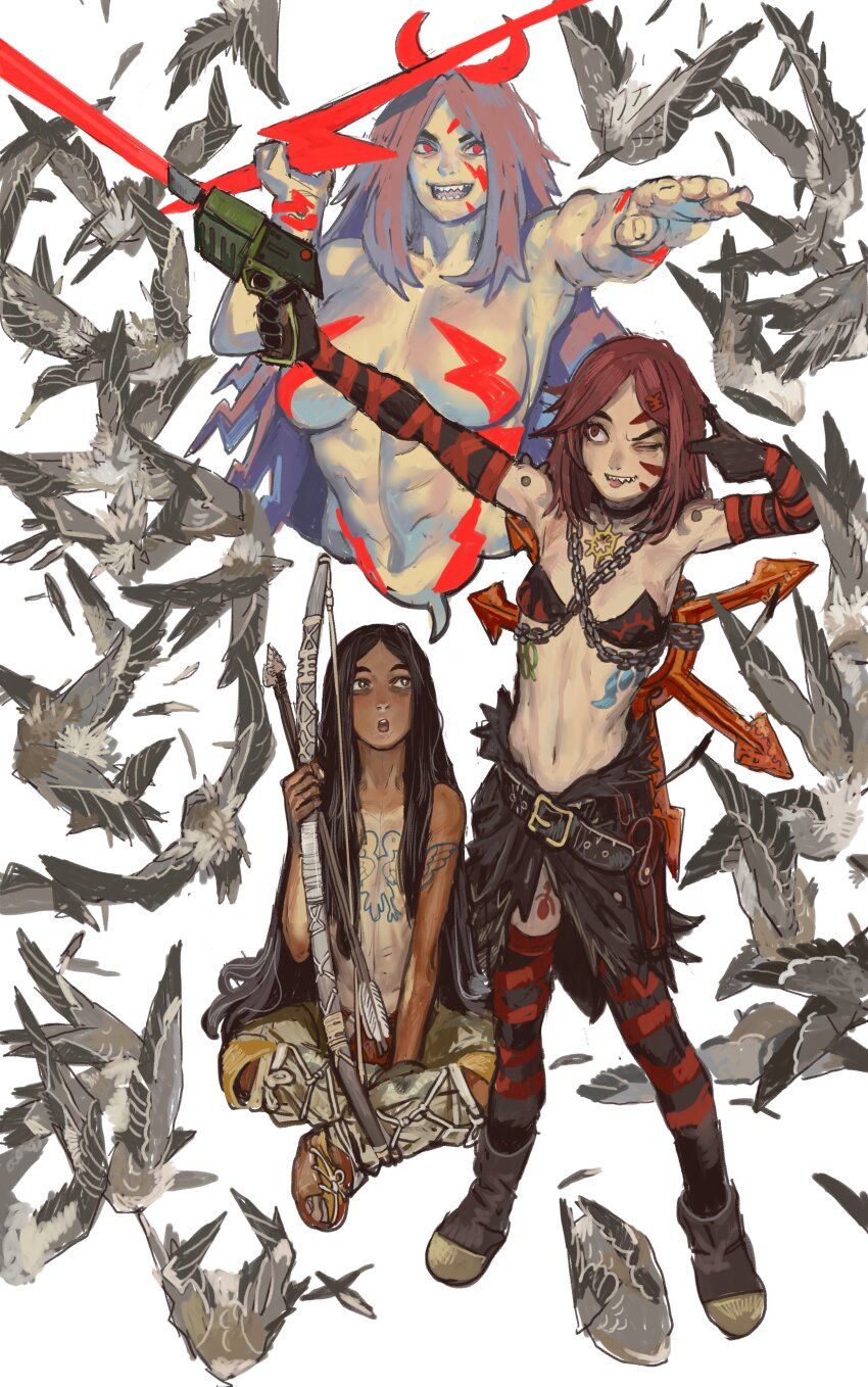 1boy 1girl absurdres aged_down arrow_(projectile) bare_shoulders belt bird black_belt black_bra black_choker black_footwear black_gloves black_hair black_skirt black_thighhighs blue_tattoo bow_(weapon) bra bright_pupils brown_eyes brown_footwear brown_pants chain chaos_(warhammer) chaos_undivided_(symbol) chest_tattoo choker commentary crotchless crotchless_pants cultist-chan elbow_gloves emperor_of_mankind energy_gun english_commentary feathers full_body gloves gold_necklace gun handgun highres holding holding_gun holding_weapon holster horns jewelry khorne_(symbol) laser laspistol lightning lightning_bolt_symbol loincloth long_hair medium_hair mossacannibalis muscular muscular_female navel necklace no_nipples nurgle one_eye_closed open_mouth orange_loincloth pale_skin pants red_eyes red_hair red_lightning red_tattoo sharp_teeth shoulder_spikes showgirl_skirt skinny skirt slaanesh_(symbol) spikes spoken_character strapless strapless_bra tan tattoo teeth thigh_holster thighhighs topless_male torn_clothes torn_skirt tzeentch_(symbol) underwear very_long_hair warhammer_40k weapon white_background white_pupils