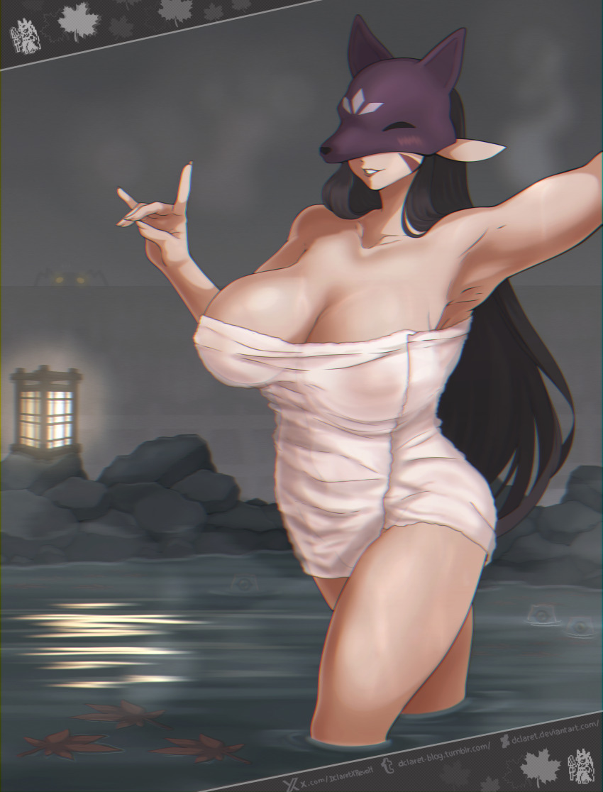 1girl absurdres arm_up artist_name bare_shoulders black_hair breasts collarbone dclaret deviantart_username digimon digimon_(creature) facial_mark female_focus fox_mask highres kuzuhamon_miko_mode large_breasts lipstick long_hair makeup mask partially_submerged pointy_ears shiny_skin steam tagme thick_thighs thighs towel_over_breasts tumblr_username variant_set water