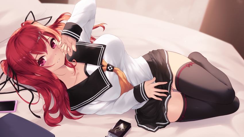 1girl black_ribbon black_sailor_collar black_skirt black_thighhighs breasts brown_neckwear cait_aron cellphone commentary_request full_body hair_ribbon hand_up highres long_hair long_sleeves looking_at_viewer medium_breasts naruse_mio no_shoes on_bed phone pillow pleated_skirt purple_eyes red_hair ribbon sailor_collar shinmai_maou_no_testament shirt skirt sleeves_past_wrists solo thighhighs two_side_up white_shirt
