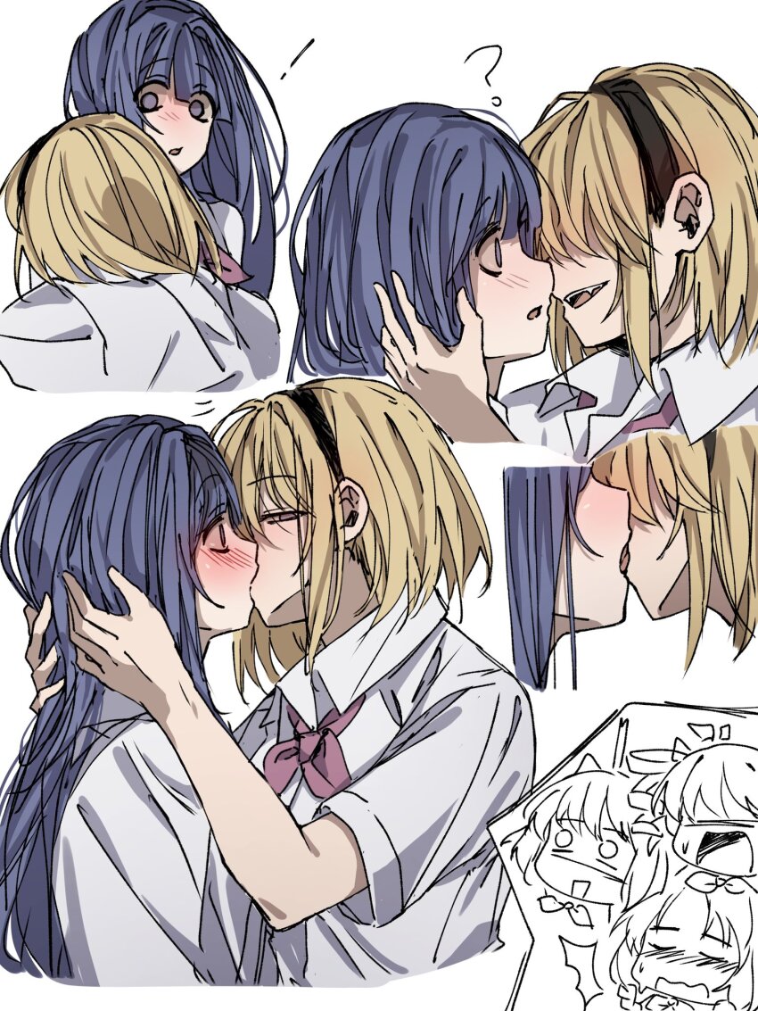 5girls black_hairband blonde_hair blush character_request collared_shirt commentary fangs french_kiss furude_rika hairband hashtag-only_commentary highres higurashi_no_naku_koro_ni higurashi_no_naku_koro_ni_gou houjou_satoko kiss long_hair multiple_girls neckerchief open_mouth parted_lips purple_eyes purple_hair purple_neckerchief shirt short_hair short_sleeves simple_background smile sweater_701 white_background white_shirt yuri