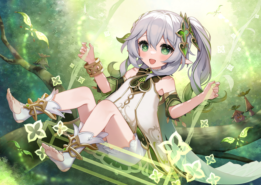 1girl :d absurdres aranara_(genshin_impact) bare_shoulders bloomers blush bracelet cape commentary_request crystalfly_(genshin_impact) detached_sleeves dress genshin_impact gold_trim gradient_hair green_cape green_eyes green_hair green_sleeves hair_between_eyes hair_ornament highres jewelry leaf_hair_ornament long_hair multicolored_hair nahida_(genshin_impact) nekohara_choco on_swing open_mouth pointy_ears side_ponytail sitting sleeveless sleeveless_dress smile solo star-shaped_pupils star_(symbol) stirrup_legwear swing symbol-shaped_pupils toeless_legwear toes underwear white_bloomers white_dress white_hair