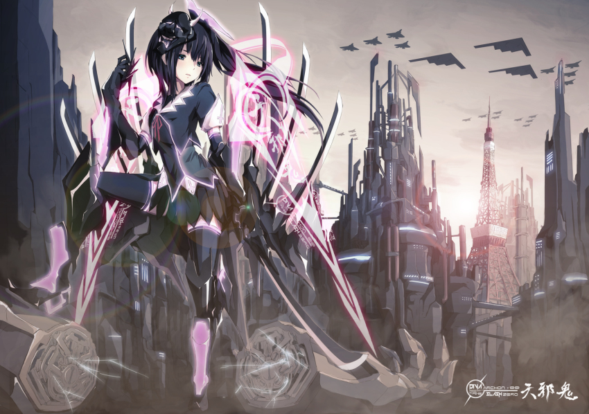 1girl aircraft airplane armor b-2_spirit bad_id bad_pixiv_id black_hair black_thighhighs blue_eyes bomber boots cityscape dress f-22 fighter_jet floating_hair flying_wing glowing heavy_bomber holographic_monitor katana legs looking_at_viewer machinery mecha_musume mechanical_arms merontomari military military_vehicle original penetrator_(aircraft) ponytail severed_arm severed_limb short_hair single_mechanical_arm standing stealth stealth_aircraft stealth_bomber strategic_bomber sunlight sword thighhighs tokyo_tower tower weapon wind