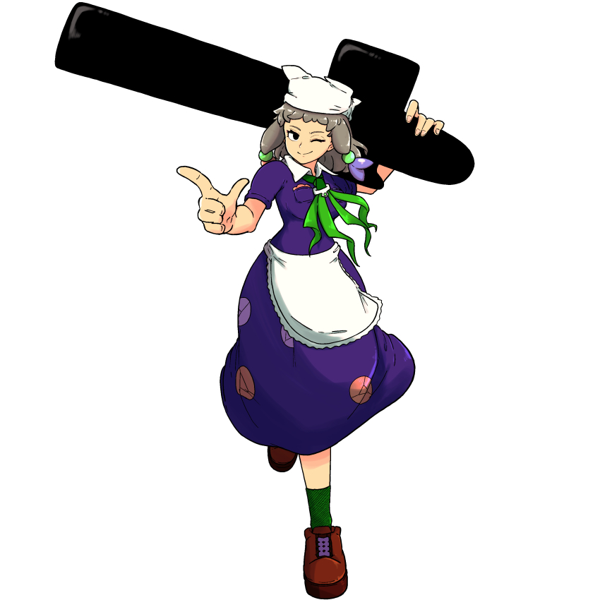 1girl absurdres apron black_eyes bow bowtie breasts brown_shoes closed_mouth collared_dress commentary_request cookie_(touhou) dress finger_gun full_body green_bow green_bowtie green_socks grey_hair highres holding izayoi_sakuya looking_at_viewer madan_shoujo maid medium_breasts muimui_(4242564muimui) purple_dress shoes short_hair short_sleeves simple_background smile socks solo standing touhou waist_apron white_apron white_background