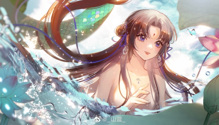 1girl blue_eyes blue_sky brown_hair bug butterfly closed_mouth earrings facial_mark fins fish_tail forehead_mark hair_over_breasts hair_ribbon highres insect jewelry kneeless_mermaid nude ribbon shan_lan sky solo splashing tail twintails upper_body water waves xianjian_qixia_zhuan zhao_linger