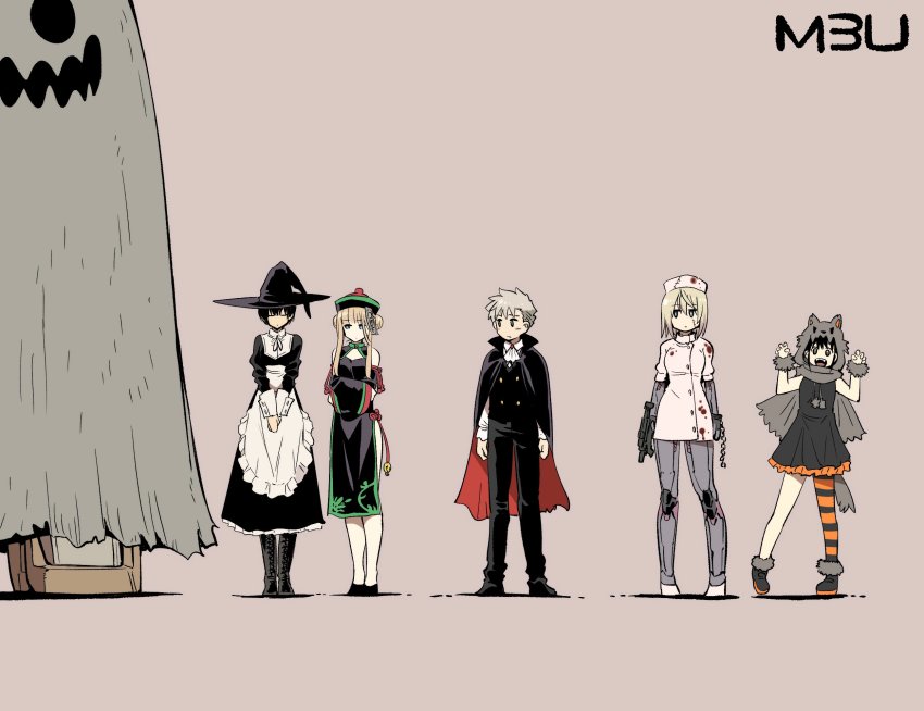 1boy 1other android apron blau_(mechanical_buddy_universe) cape cordelia_herschel_(mechanical_buddy_universe) diva_duo_(mechanical_buddy_universe) ghost gun halloween halloween_costume hat highres joints kato_takuji long_hair maid maid_apron mecha mechanical_arms mechanical_buddy_universe mechanical_legs mother_and_son multiple_girls nurse nurse_cap rainy_(mechanical_buddy_universe) riika_rikkinen_(mechanical_buddy_universe) robot robot_joints scar scar_on_face science_fiction short_hair shu_(mechanical_buddy_universe) weapon witch