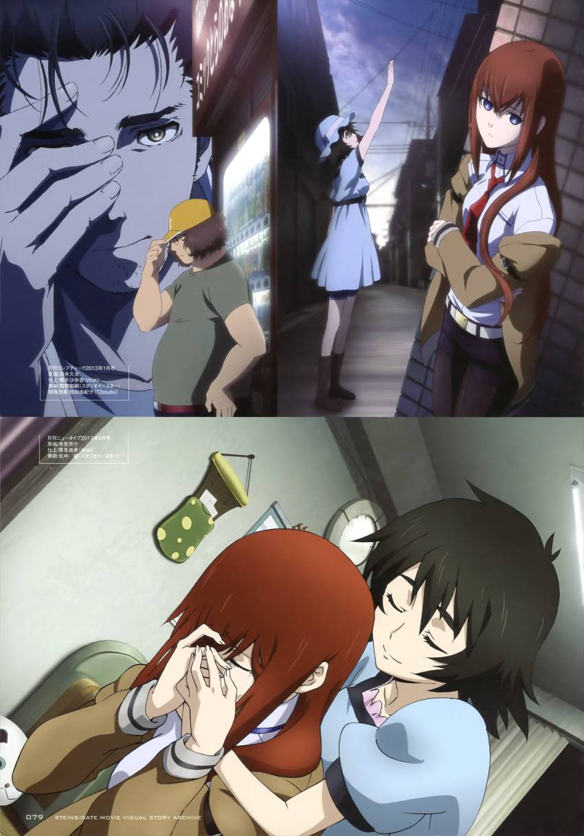 2boys 2girls 5pb. absurdres belt black_hair black_pantyhose black_shorts blue_dress blue_hat brown_hair crying dress hashida_itaru hat highres hug hug_from_behind indoors jacket long_hair makise_kurisu multiple_boys multiple_girls necktie nitroplus okabe_rintarou open_clothes open_jacket pantyhose red_necktie sakai_kyuuta science_adventure shiina_mayuri shirt short_hair short_shorts shorts steins;gate tears translation_request white_shirt yellow_hat