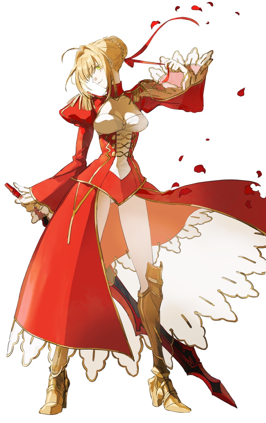 1girl absurdres armored_boots blonde_hair boots dress fate/grand_order fate_(series) full_body green_eyes highres holding holding_sword holding_weapon looking_at_viewer mimulishizi nero_claudius_(fate) nero_claudius_(fate/extra) open_clothes open_dress panties red_dress smile solo sword underwear weapon white_panties