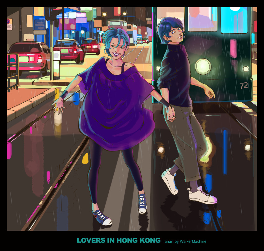1boy 1girl absurdres aqua_hair blue_eyes blue_hair car commentary_request couple dark_blue_hair english_text fake_screenshot four_murasame grin gundam highres holding_hands hong_kong kamille_bidan looking_at_another motor_vehicle night off-shoulder_shirt off_shoulder realistic shirt shoes signature smile sneakers spoilers taxi train train_conductor turtleneck walkermachine wristband zeta_gundam