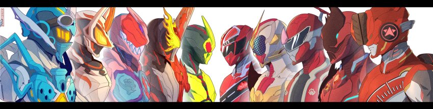 6+boys absurdres adapted_costume armor assault_visor avataro_sentai_donbrothers bakuage_sentai_boonboomger blue_armor blue_helmet bun_red chest_jewel company_connection covering_face donmomotarou forehead_jewel fox_mask giganticbrush goggles goggles_on_head helmet highres in-franchise_crossover kamen_rider kamen_rider_01_(series) kamen_rider_geats kamen_rider_geats_(series) kamen_rider_gotchard kamen_rider_gotchard_(series) kamen_rider_revi kamen_rider_revice kamen_rider_saber kamen_rider_saber_(series) kamen_rider_zero-one kikai_sentai_zenkaiger kiramai_red kuwagata_ohger mashin_sentai_kiramager mask multiple_boys neon_palette ohsama_sentai_king-ohger power_armor red_armor red_eyes red_helmet sharp_teeth simple_background super_sentai teeth tokusatsu unused_tire white_armor white_background white_helmet zenkaizer