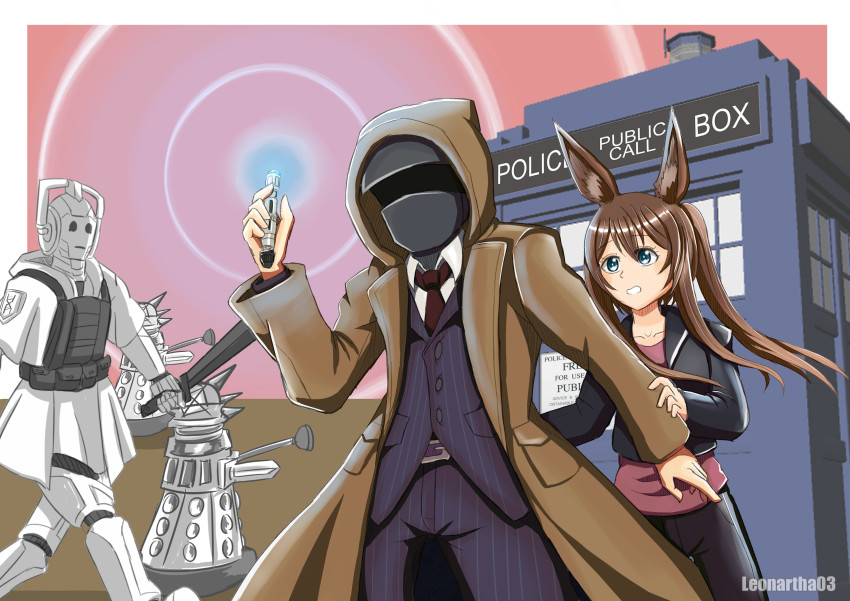 absurdres amiya_(arknights) arknights cybermen dalek doctor_(arknights) doctor_who highres leonartha03 sonic_screwdriver tagme tardis tenth_doctor tenth_doctor_(doctor_who) the_doctor_(doctor_who)