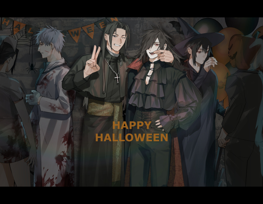 1girl 5boys absurdres black_hair blood brothers brown_hair closed_mouth doctor fangs finger_in_another&#039;s_mouth grey_hair grin hair_over_shoulder halloween_costume happy_halloween hat highres long_hair long_sleeves looking_at_another medium_hair multiple_boys naruto_(series) naruto_shippuuden nurse nurse_cap one_eye_closed open_mouth pants passion07253741 priest pumpkin_on_head red_eyes senju_hashirama senju_tobirama senju_touka sharingan shirt short_hair siblings smile spiked_hair tongue tongue_out uchiha_izuna uchiha_madara v vampire_costume witch_hat