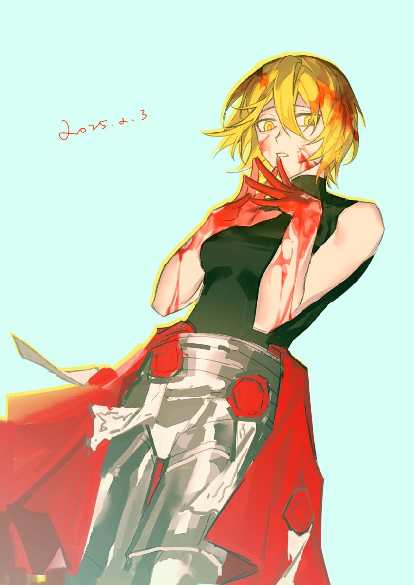 1girl armor armored_boots black_shirt blonde_hair blood blood_in_hair blood_on_face blood_on_hands boots don_quixote_(project_moon) hands_up highres jing84672940 limbus_company looking_at_viewer n_corp._fanatic_(identity)_(project_moon) open_mouth project_moon shirt short_hair sleeveless sleeveless_shirt solo steepled_fingers turtleneck turtleneck_shirt yellow_eyes