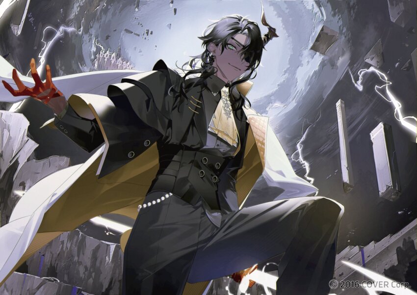 1boy anno_meiji aragami_oga aragami_oga_(underworld_aristocracy) ascot black_capelet black_hair black_jacket black_pants black_shirt black_suit braid broken_pillar buttons capelet castle cloud coat coat_on_shoulders collared_shirt copyright_notice cuff_links cummerbund dark-skinned_male dark_skin demon_boy demon_horns double-breasted earrings energy_weapon eyepatch feet_out_of_frame formal_clothes gloves green_eyes half_gloves holding holding_polearm holding_weapon holostars horns jacket jewelry lapels lightning long_hair long_sleeves looking_at_viewer looking_down male_focus official_alternate_costume official_art overcast pants pillar polearm red_gloves rock ruins shirt side_braid side_cape single_horn sky smile solo spear standing stepping suit two-sided_coat two-sided_fabric virtual_youtuber weapon white_coat yellow_ascot yellow_coat
