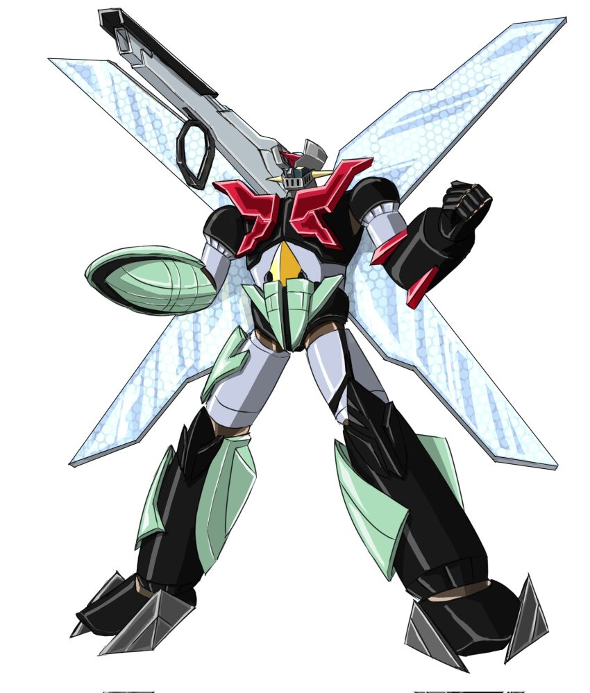 after_war_gundam_x clenched_hand commentary_request crossover fineitogel full_body fusion grendizer_u gundam gundam_x highres horns mazinger_(series) mazinger_x mecha mecha_focus mechanical_wings no_humans pilder robot satellite_cannon shoulder_cannon solo super_robot turn_a_gundam turn_x ufo_robo_grendizer wings yellow_eyes