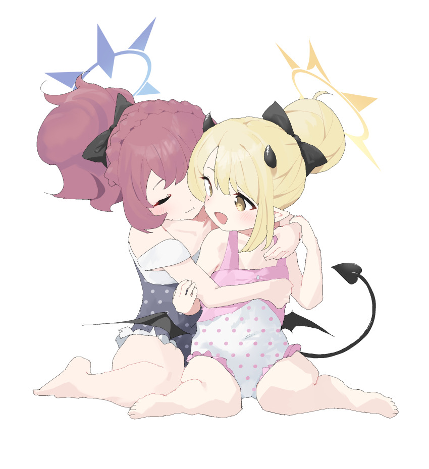 2girls absurdres bare_legs bare_shoulders barefoot black_bow blonde_hair blue_archive blush bow breasts closed_eyes commentary demon_horns demon_tail fang fuyubone hair_bow halo highres horns hug ibuki_(anniversary_swimsuit)_(blue_archive) ibuki_(blue_archive) iroha_(blue_archive) long_hair looking_at_viewer multiple_girls open_mouth pink_hair polka_dot ponytail red_hair ribbon shirt short_hair shorts simple_background sitting smile tail white_background wings yellow_eyes yuri