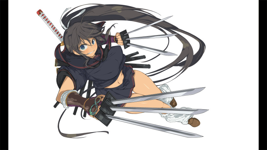 1girl absurdres black_hair black_shirt black_skirt breasts brown_gloves brown_shoes covered_erect_nipples dark-skinned_female dark_skin evil_grin evil_smile fingerless_gloves gloves green_eyes grin highres holding holding_sword holding_weapon homura_(senran_kagura) large_breasts long_hair midriff multiple_swords non-web_source official_art ouroboros pillarboxed ponytail senran_kagura senran_kagura_burst_re:newal shirt shoes skirt smile socks solo sword sword_on_back tan thigh_gap weapon weapon_on_back white_background white_socks yaegashi_nan
