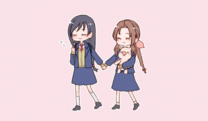 2girls aerith_gainsborough backpack bag black_footwear black_hair blue_jacket blue_skirt bluelimbo8888 braid braided_ponytail brown_hair chibi closed_eyes collared_shirt earrings final_fantasy final_fantasy_vii hair_ribbon hair_tie holding holding_hands holding_stuffed_toy jacket jewelry light_blush long_hair low-tied_long_hair moogle multiple_girls necktie official_alternate_costume parted_bangs pink_ribbon pleated_skirt red_necktie ribbon school_uniform shirt sidelocks single_braid skirt smile socks stuffed_animal stuffed_toy suit_jacket sweater tifa_lockhart white_shirt white_socks yellow_sweater