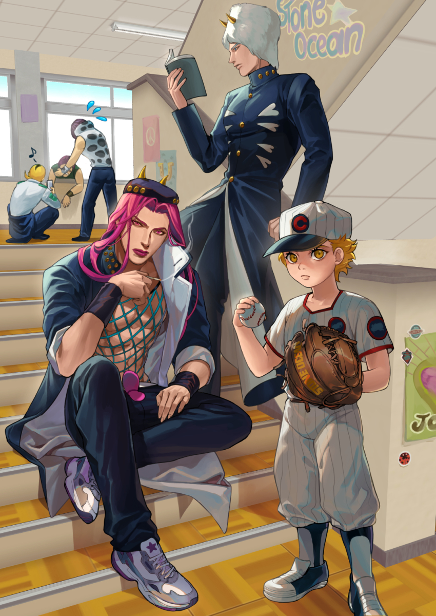 6+boys adapted_costume baseball baseball_cap baseball_glove baseball_uniform blonde_hair cigarette delinquent donatello_versus emporio_alnino fishnet_top fishnets fur_hat hat highres horns jojo_no_kimyou_na_bouken lipstick long_coat makeup multiple_boys narciso_anasui pink_eyes pink_hair rikiel school_uniform shoes slav_squatting sneakers sportswear squatting stairs stone_ocean ultracat ungaro weather_report white_hair