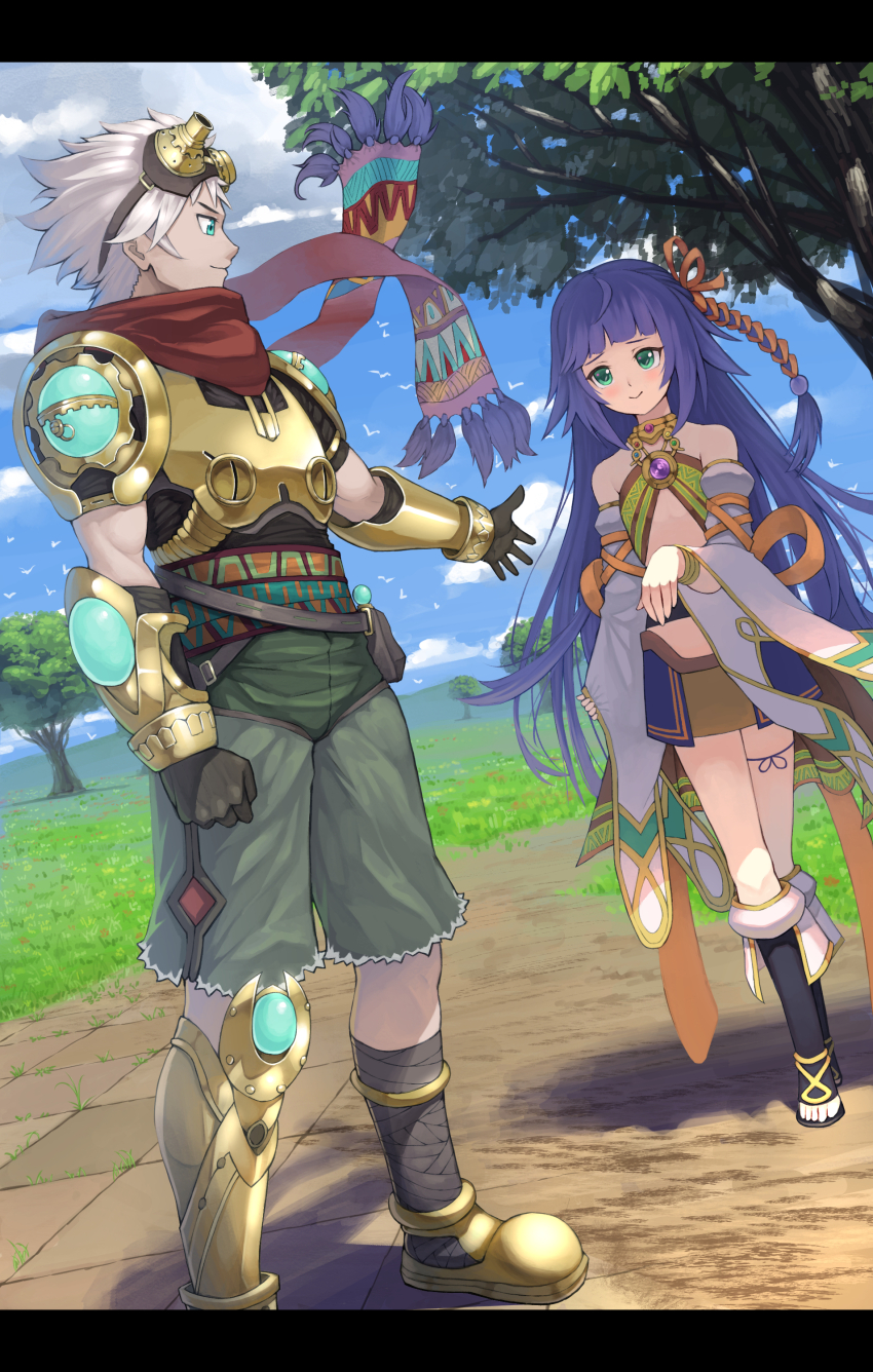1boy 1girl absurdres aqua_eyes armor asymmetrical_legwear auram_(yu-gi-oh!) bad_id bad_pixiv_id bare_shoulders black_gloves black_shirt blue_sky blunt_bangs breastplate brown_scarf cloud detached_sleeves duel_monster full_body gloves goggles goggles_on_head greaves green_eyes green_pants highres ib_(yu-gi-oh!) long_hair looking_at_another outstretched_arm pants purple_hair rari_(badominton) scarf shirt short_hair shoulder_armor single_greave sky tree vambraces white_hair wide_sleeves yu-gi-oh!