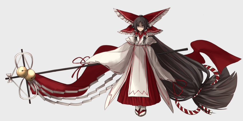 1girl absurdly_long_hair absurdres bell big_hair bow brown_hair chihaya_(clothing) closed_mouth commentary detached_sleeves english_commentary foul_detective_satori frilled_bow frilled_hair_tubes frills full_body gensokyo&#039;s_first_hakurei_miko grey_background hair_bow hair_tubes highres holding huge_bow jingle_bell kouhaku_nawa long_hair looking_at_viewer low-tied_long_hair red_skirt ribbon-trimmed_sleeves ribbon_trim rope shaded_face shimenawa simple_background skirt socks solo tabi there2007 touhou very_long_hair white_socks wide_sleeves