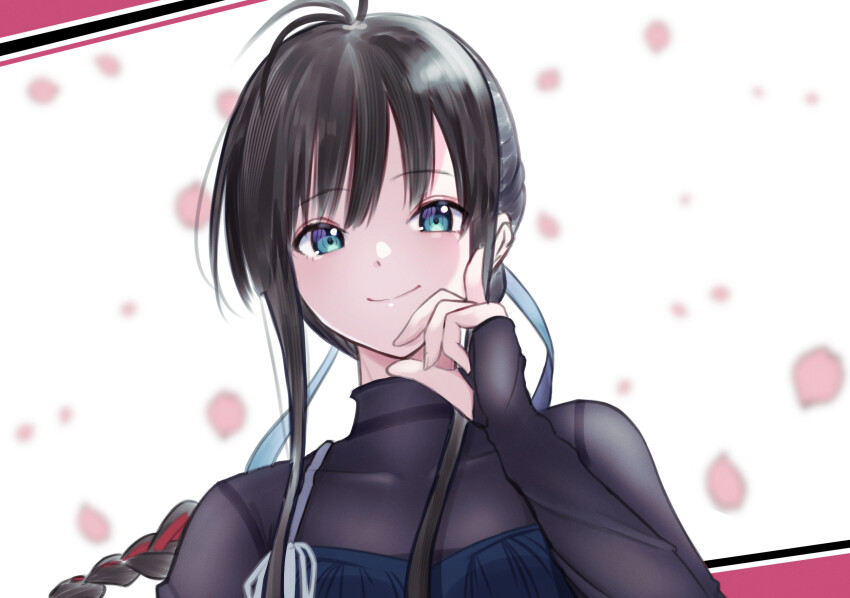 1girl 22/7 antenna_hair ato_de_wakaru_koto black_dress black_hair braid braided_ponytail closed_mouth covered_collarbone dress falling_petals green_eyes green_ribbon hair_ribbon hand_on_own_cheek hand_on_own_face highres long_hair long_sleeves looking_at_viewer petals pink_petals portrait red_ribbon ribbon ryokucha_(cha_22_7) see-through_clothes see-through_dress sidelocks smile solo yagami_toa